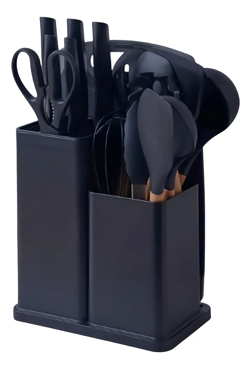 Kit 19 Conjunto Utensílios De Cozinha Silicone Escumadeira Cor Preto