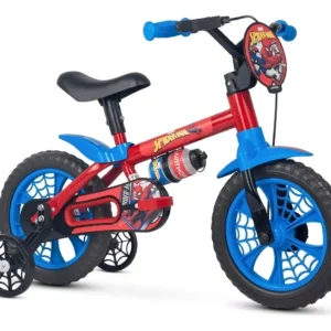 Bicicleta Infantil 2–5 Anos Nathor Homem-Aranha Aro 12 Azul/Vermelho com Rodinhas de Treinamento, Selim Ajustável e Freio a Tambor