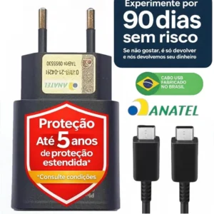 Carregador Turbo Para Samsung Galaxy S24 S23 S22 S21 S20 Fe Ultra Motorola M22 M31 M32 M62 M63 M64 G15 Xiaomi Redmi Note 12 13 14 15 - Com Cabo Blindado Premium BR Tipo Usb C