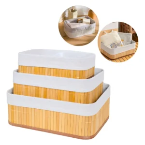Kit 3 Cestos Organizador De Bambu Multiuso Com Forro