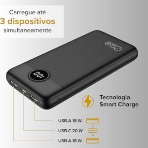 I2GO, Carregador Portátil (Power Bank) Ultra Rápido 20000mAh, Power Delivery 20W, 2 Saídas USB + 1 Saída/Entrada USB-C, Preto, i2GO PRO