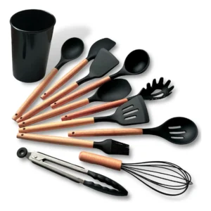Kit C/12 Utensílios De Cozinha Silicone Cabo Madeira