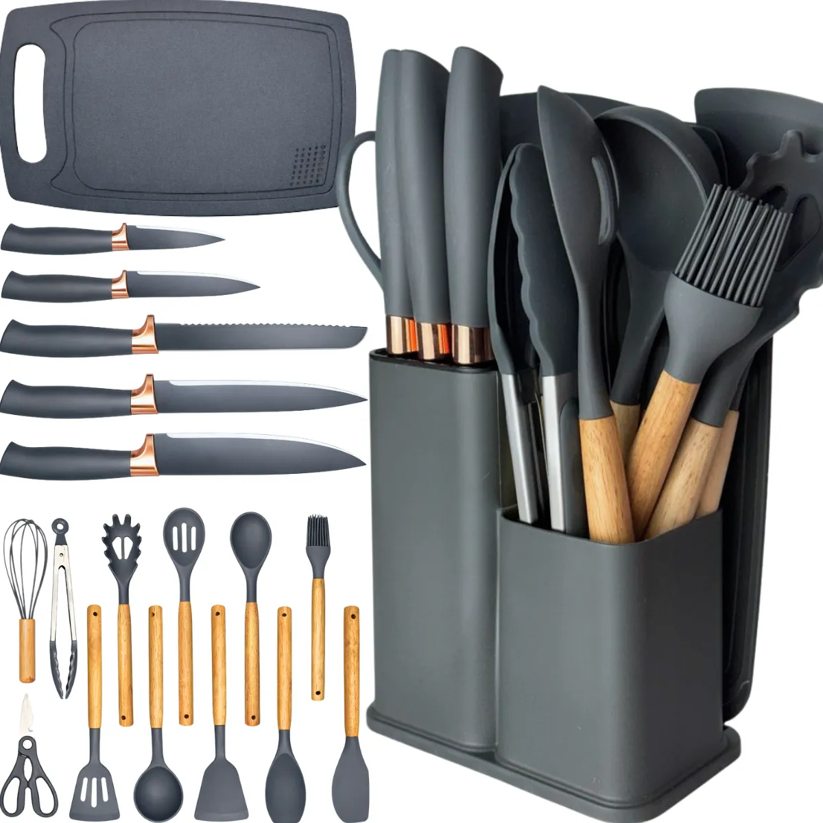 Kit Utensílios Silicone C/ Cabo De Madeira E Facas Em Inox