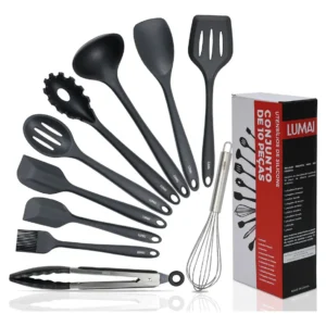 Lumai Kit de Utensilios de Cozinha de Silicone Maciço Miami Premium - Conjunto com 10 Peças Livre de BPA - Jogo com Espatulas Pegador Conchas Colheres Batedor de Ovos - Tamanho Grande e Pegada Firme