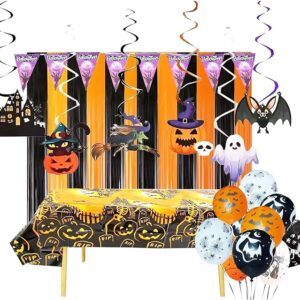 Kit Decoração Festa Halloween: Cortina + Toalha Mesa + Balões + Enfeite Teto + Bandeirinha = 20 Produtos Temáticos